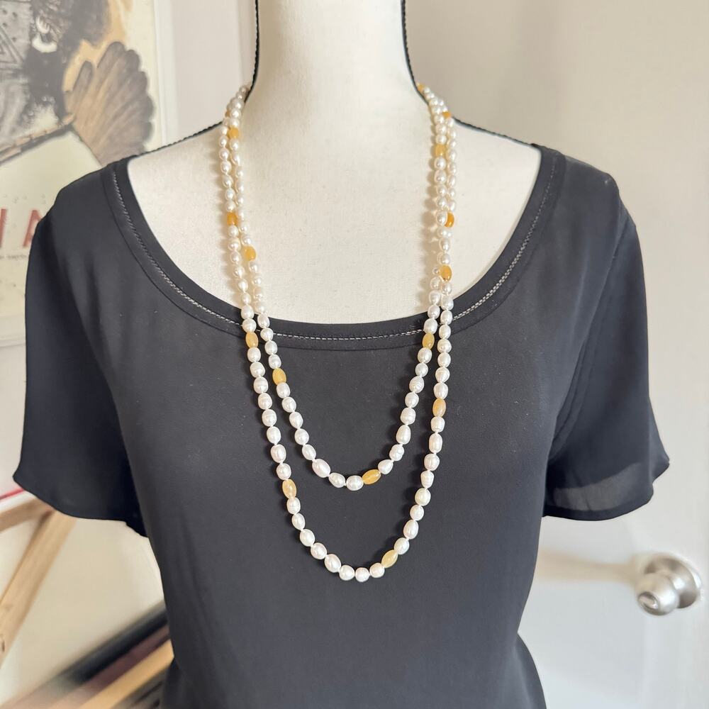 Flapper Length Cultured Pearl and Peach Gemstone Necklace Knotted Beachy Summery - Picture 6 of 16